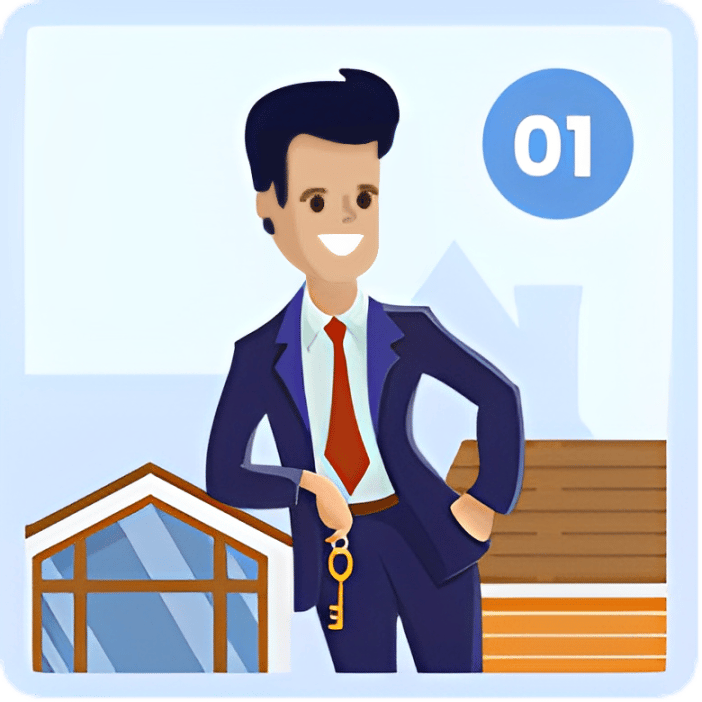 Illustrated real estate agent holding a key beside a house, marked 01.