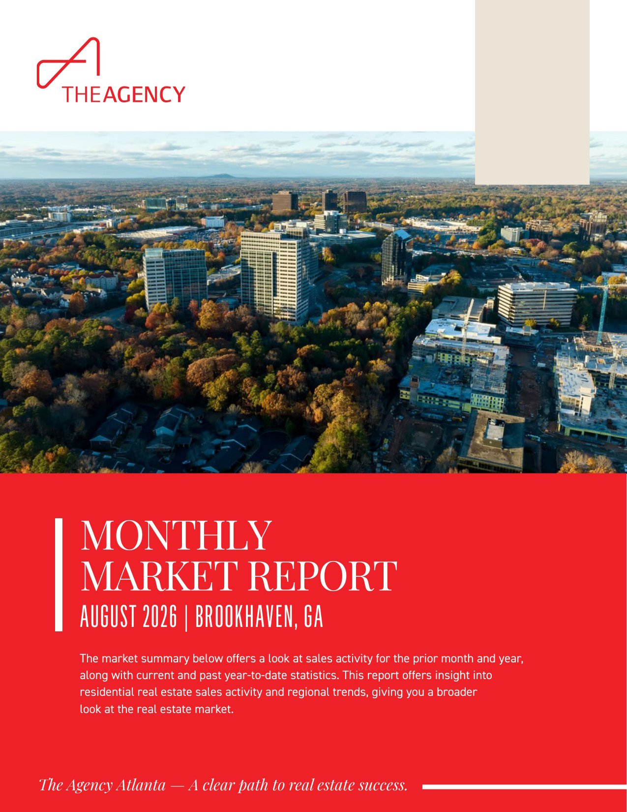 Monthly Market Report August 2026 cover for the Brookhaven real estate market with an aerial view of trees and towers