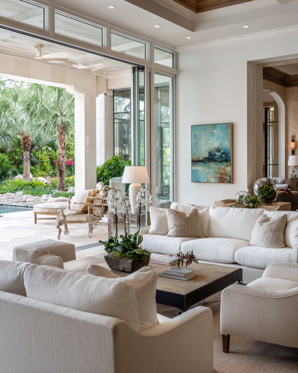 Bright living room with white sofas and tall glass doors overlooking a tropical garden and pool.