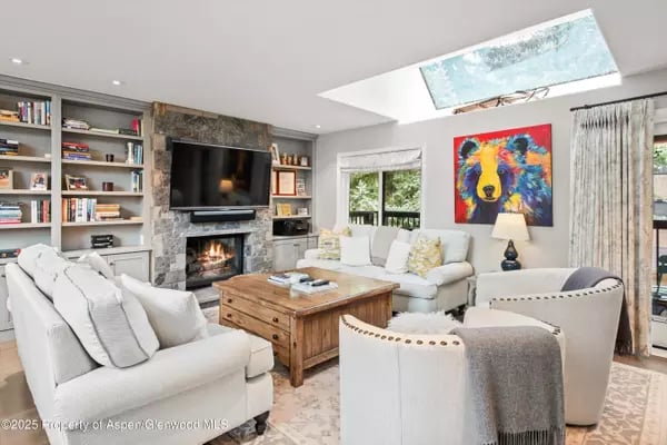 Living room with a stone fireplace, built-in bookshelves, and a large skylight.