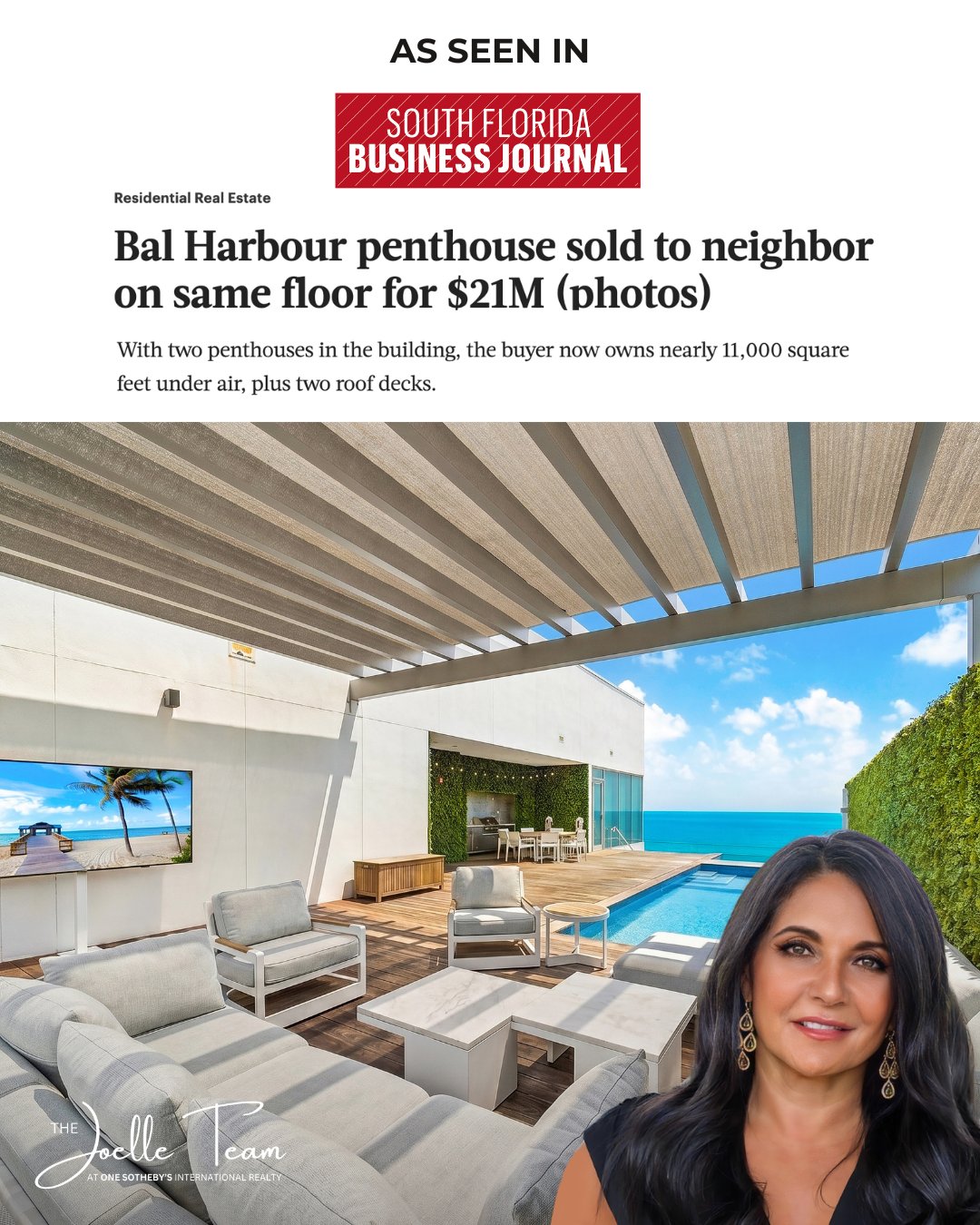 Featured in the South Florida Business Journal for the $21 million sale of Upper Penthouse 2803 at Oceana Bal Harbour.