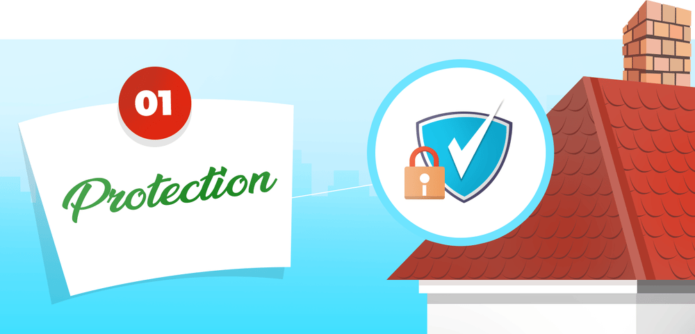 Roof protection illustration labeled “01 Protection,” with a shield, check mark, and padlock.