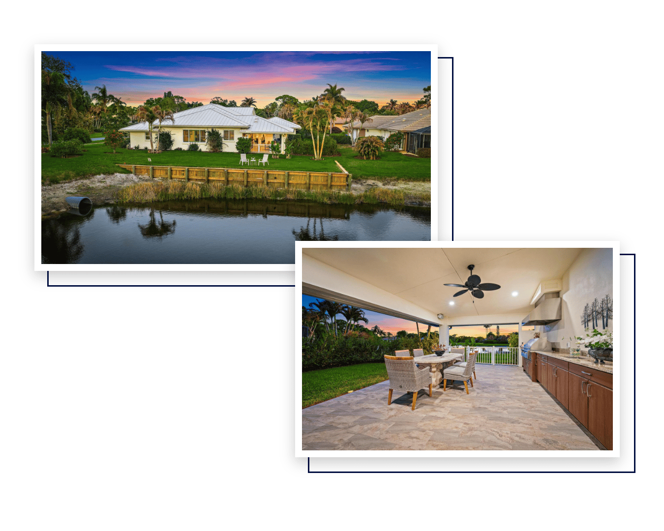 Lakefront home in Piper's Landing at dusk with covered patio, outdoor kitchen, and dining area in Palm City, FL