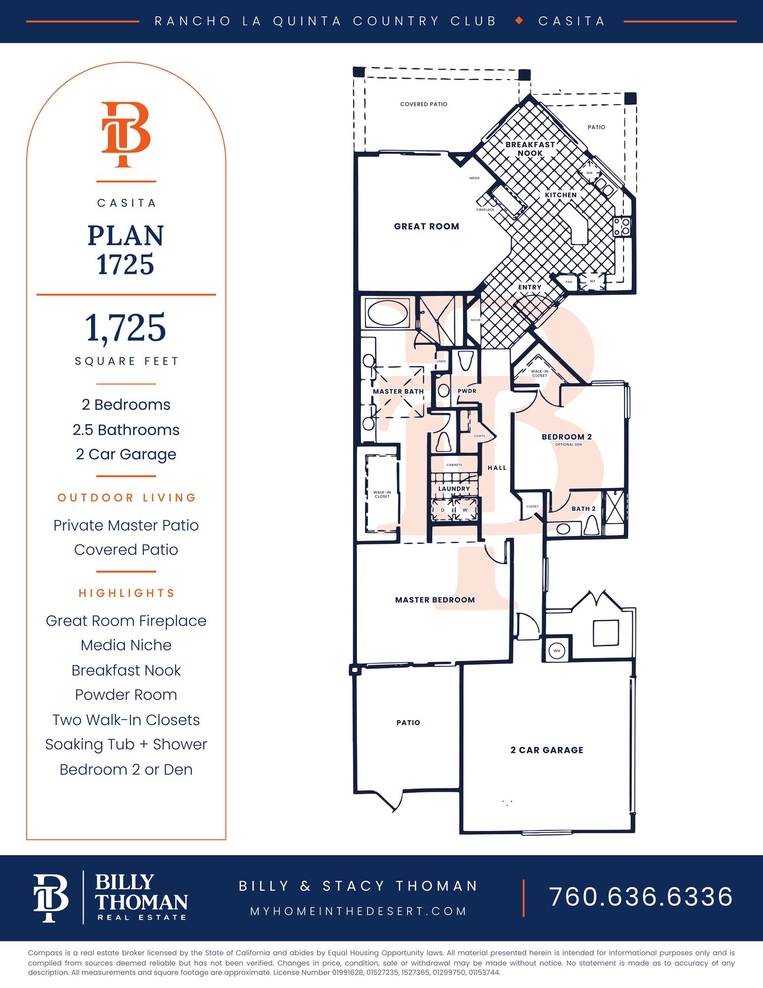 Rancho La Quinta Country Club Casita 1725 floor plan, 2 bedroom 2.5 bath 1,725 sq ft single story home with private master patio