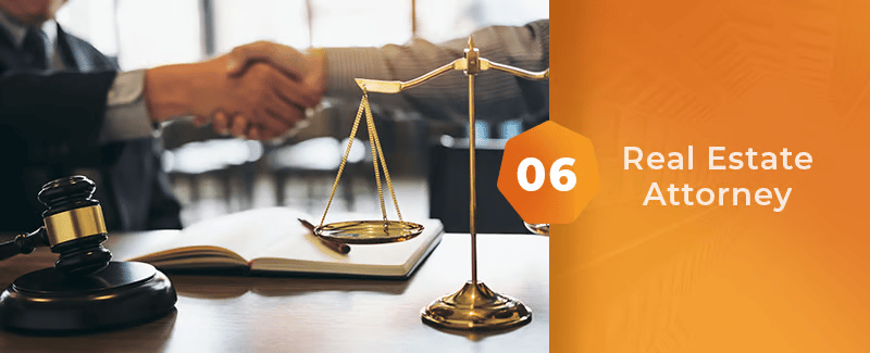 Number 06, Real Estate Attorney, with a handshake, gavel, law book, and scales of justice.