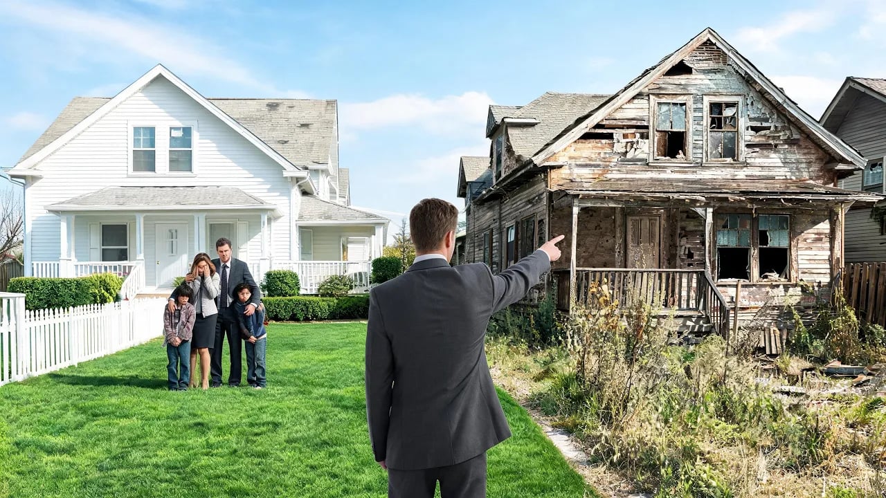 Real estate agent pointing to a dilapidated house while a family stands near a clean, well-maintained home, illustrating a bait-and-switch housing scenario.