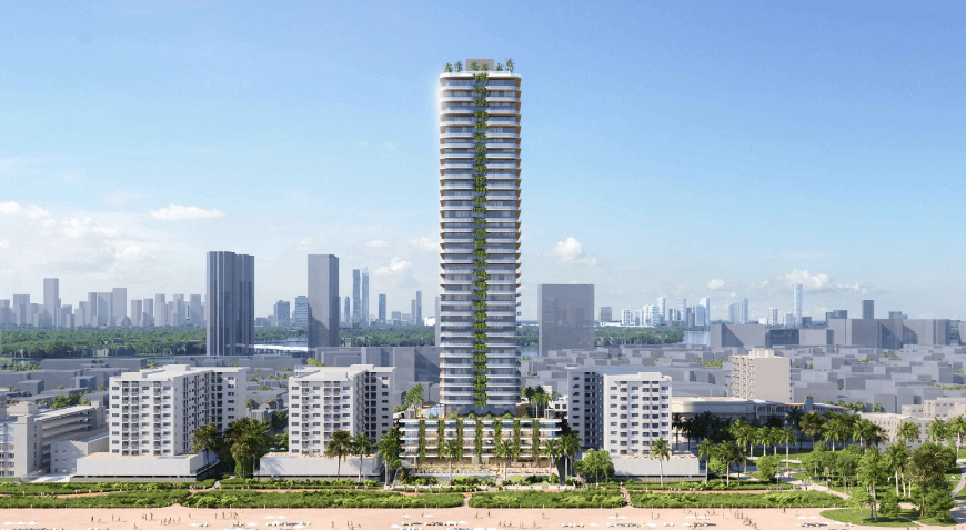 High-rise condominium tower with planted balconies rising above a beachfront neighborhood and city skyline.