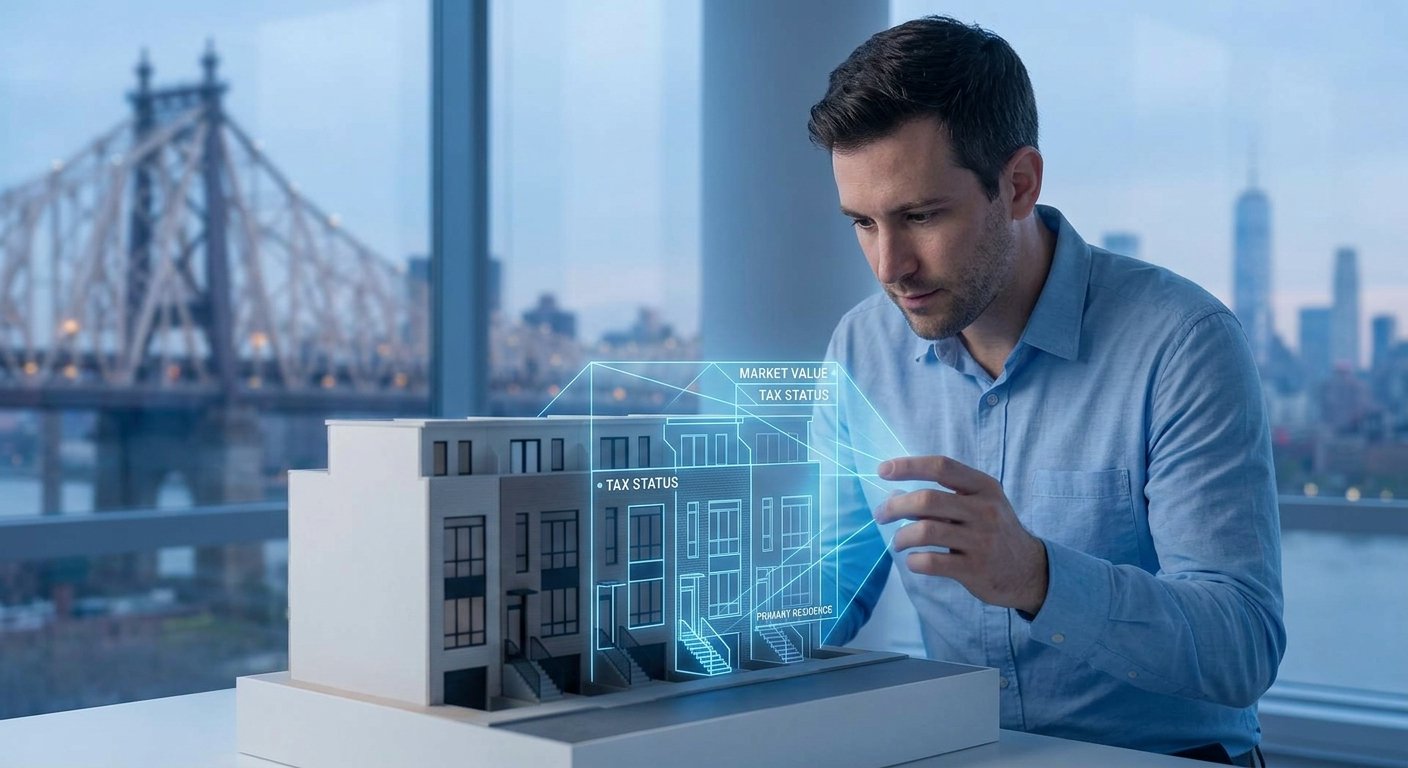 Man examines a townhouse model with a glowing tax and market-value overlay beside New York City windows.