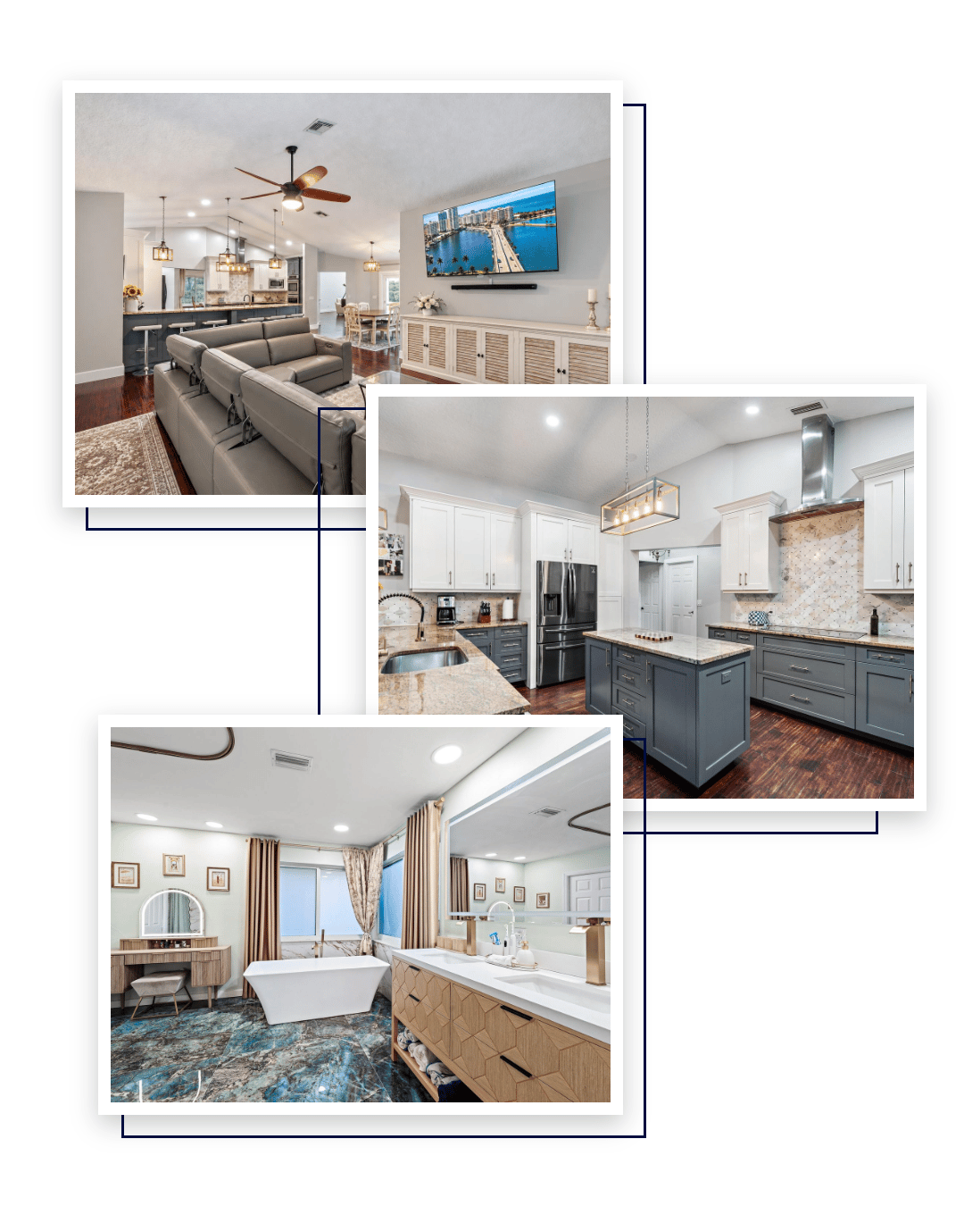 Great room with vaulted ceilings and wood floors, kitchen with shaker cabinetry and granite countertops, and primary bathroom with a freestanding soaking tub at 18274 SE Ridgeview Drive in River Ridge