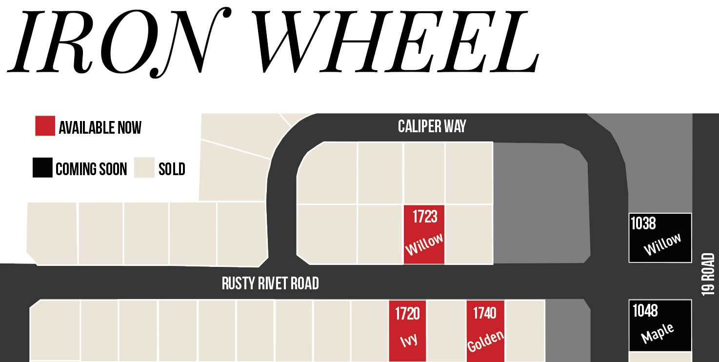 Iron Wheel lot availability map showing available, coming soon, and sold homes.