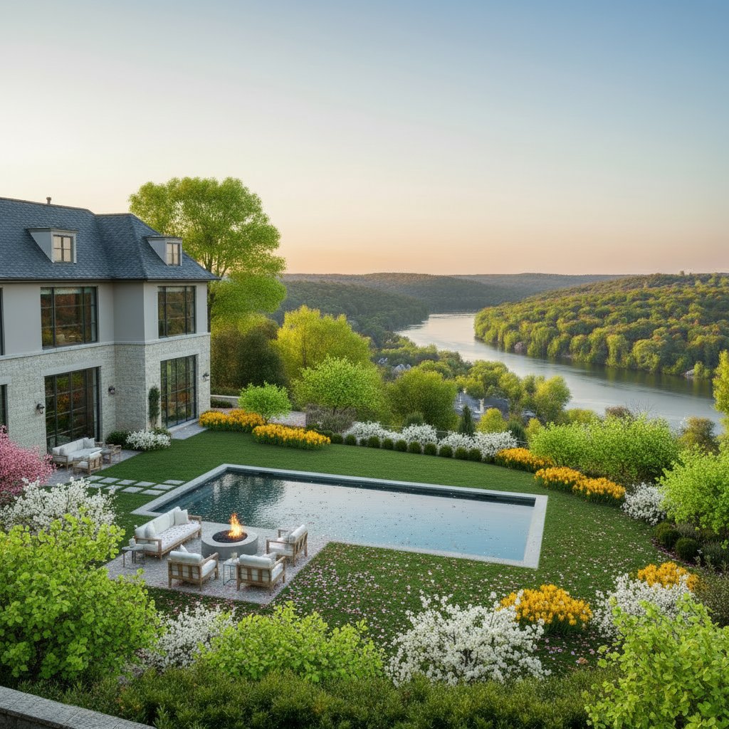 A luxurious modern home with a pool and fire pit, surrounded by lush green trees and blooming spring flowers, overlooking a serene river valley.