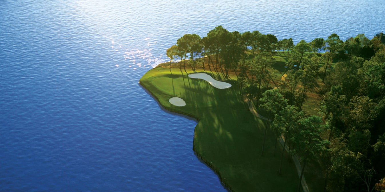 Aerial view of a lakeside golf course green bordered by trees and blue water.