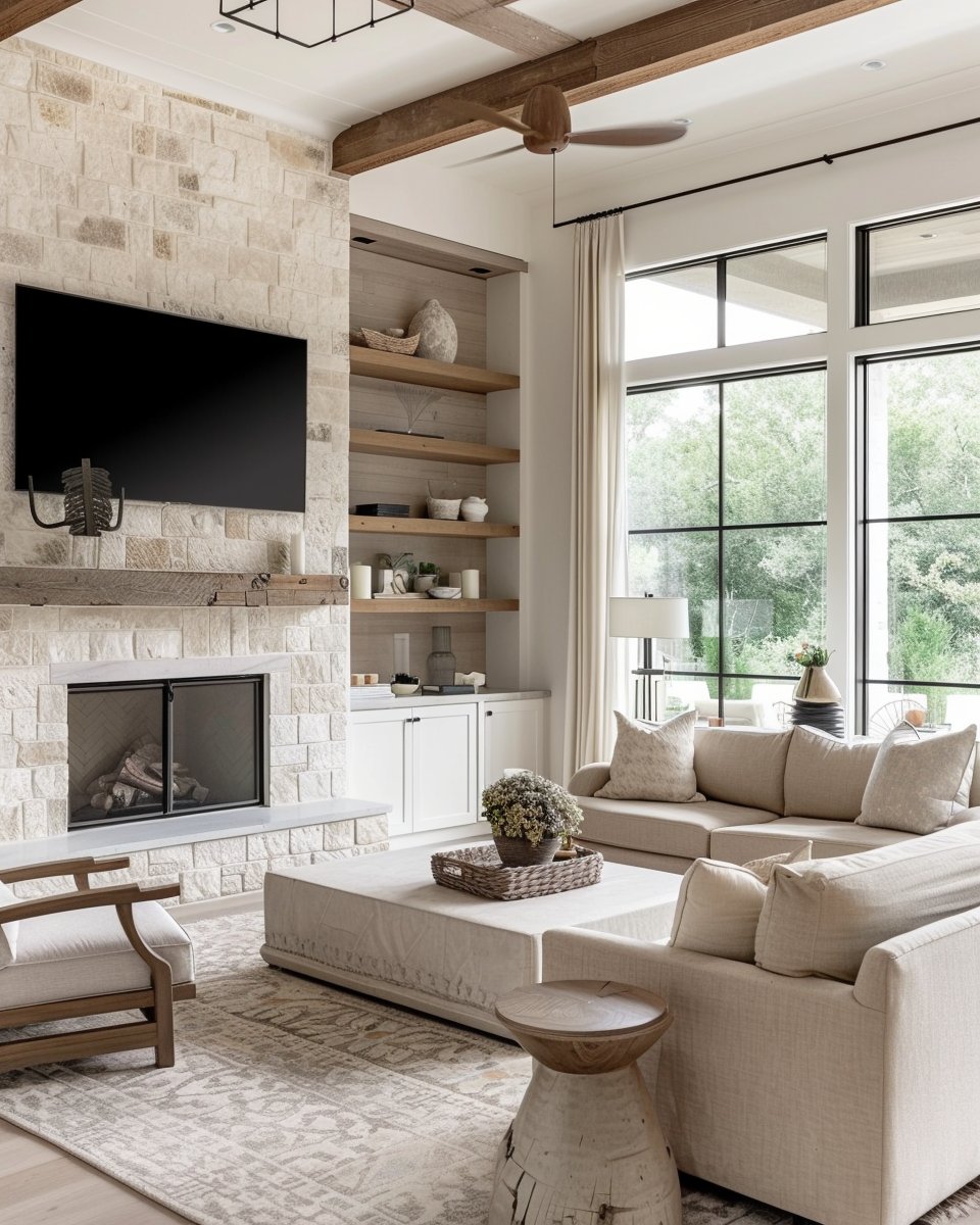 Living room with a stone fireplace, built-in shelves, and tall windows beside a neutral sofa.
