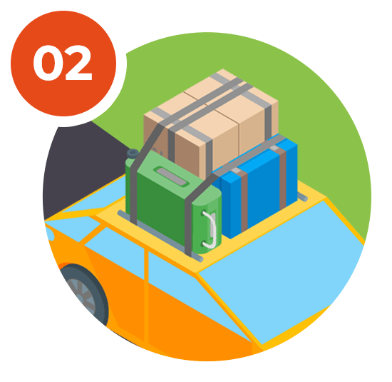 Moving car loaded with boxes and suitcases, in a green circular badge numbered 02.