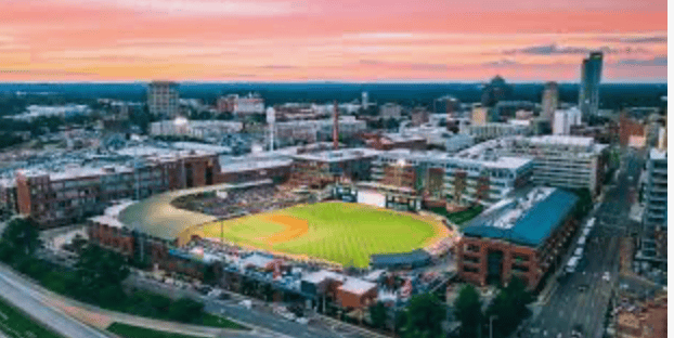 Downtown Durham scene of the Durham Bulls Field and American Tobacco Campus