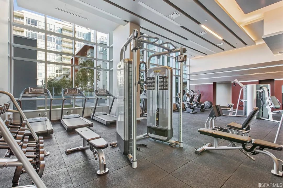 Arden Residences premium fitness gym featuring treadmills, cable machines, strength training equipment, and panoramic windows overlooking Mission Bay San Francisco