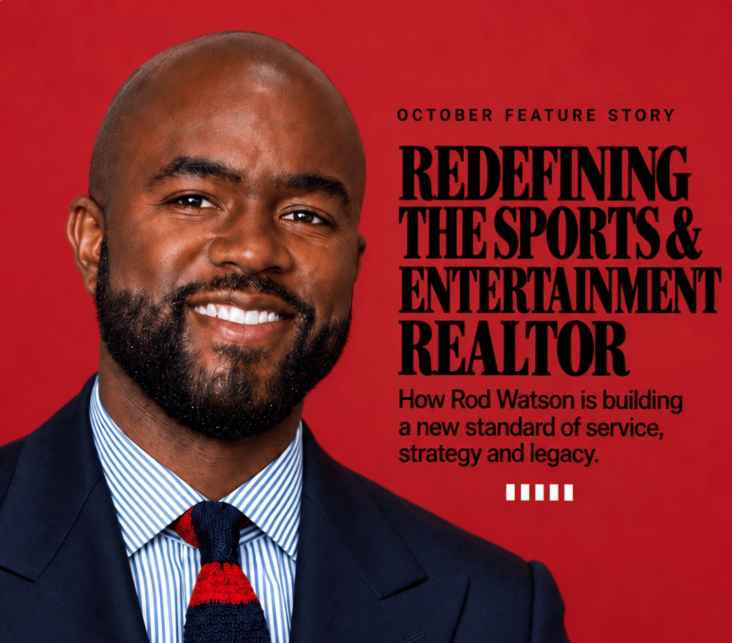 Rod Watson smiling in a suit beside a headline about his work as a sports and entertainment realtor.
