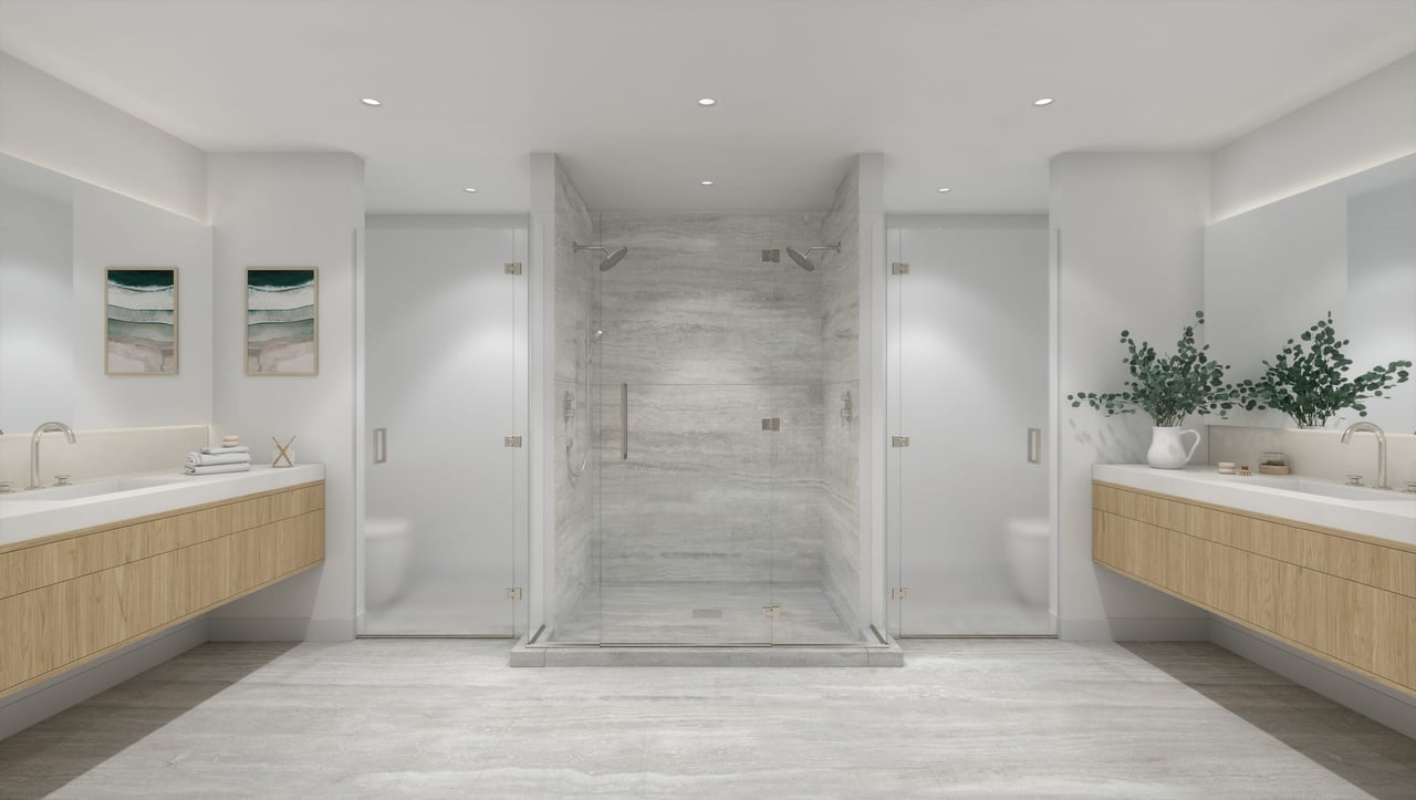 Primary bathroom rendering at Serene Las Olas with dual vanities and central glass shower.
