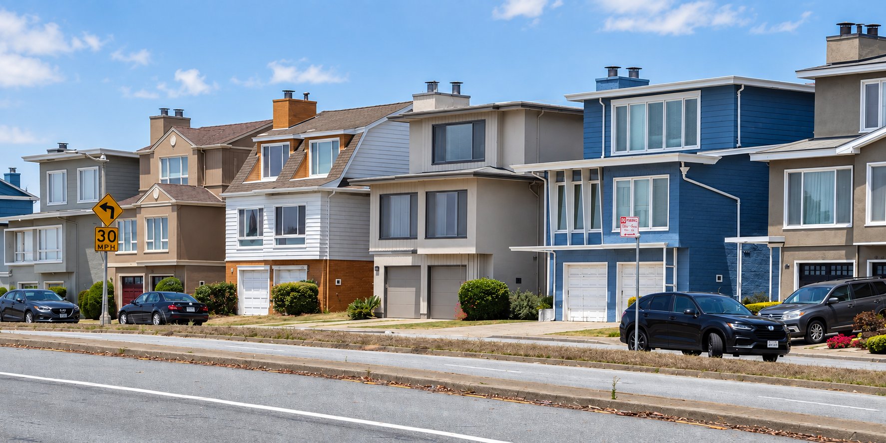 AI-enhanced view of homes along a residential street in San Francisco's Lakeshore area.