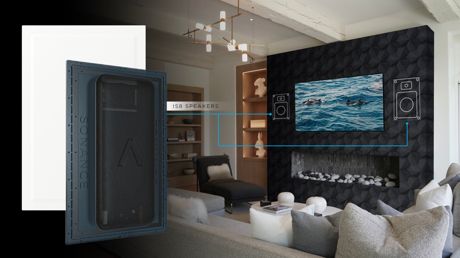 A diagram over a living room photo showing a white Sonance speaker panel and its black back box, with lines marking where two IS8 speakers sit hidden in a dark tiled wall on either side of a TV.
