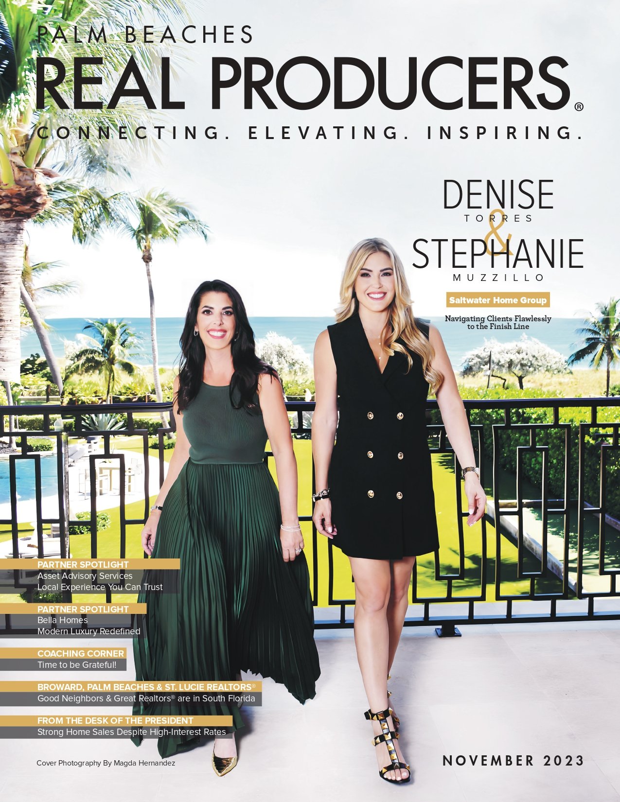 Palm Beaches Real Producers November 2023 cover featuring Denise Torres and Stephanie Muzzillo on a palm-lined terrace.