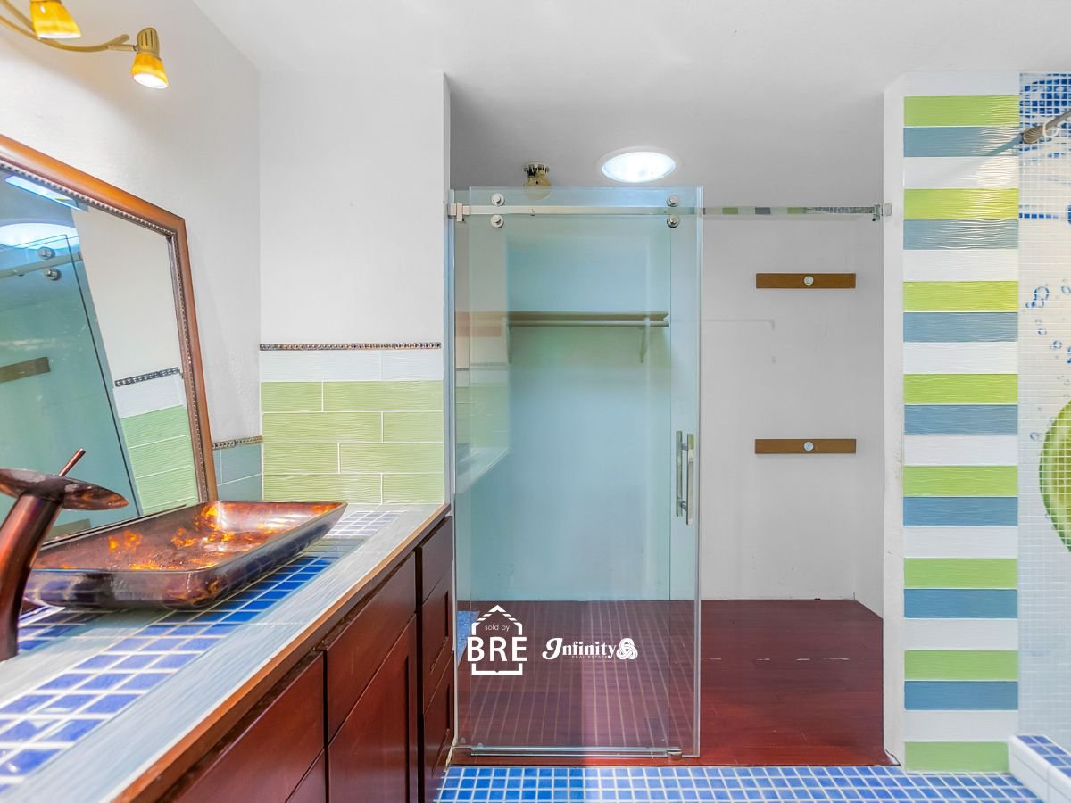 Bathroom with a glass shower, striped green and blue tile, and a copper-toned vessel sink.