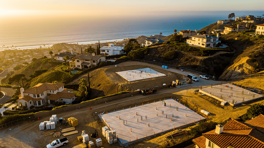 Aerial view of cleared Pacific Palisades rebuild lots above the ocean in spring 2026