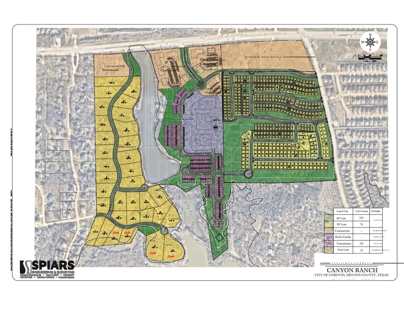 Canyon Ranch lot pricing map showing color-coded lots, land uses, roads, and green space.