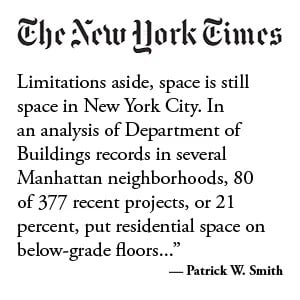 New York Times excerpt on below-grade residential space in New York City, attributed to Patrick W. Smith.