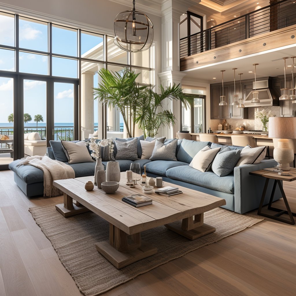 Open-plan living room with a blue sectional, double-height windows overlooking the ocean, and an adjoining kitchen.