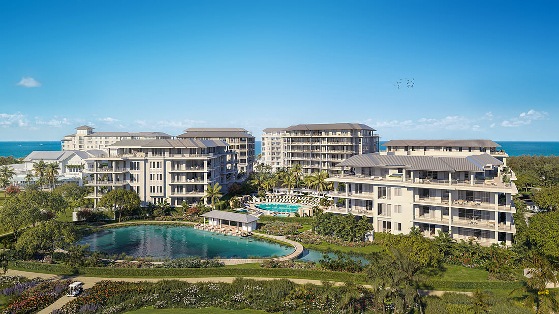 Naples Beach Club residences beside a lagoon and pool, with the ocean in the background.