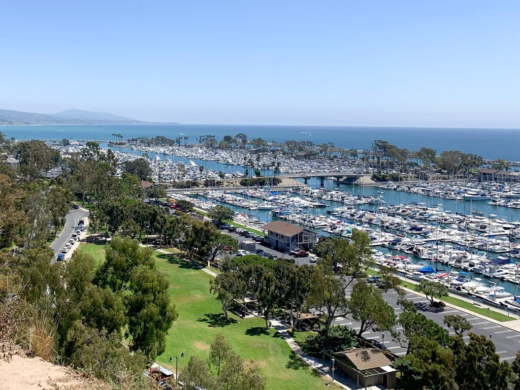 View of Dana Point Harbor from a coastal bluff in South Orange County — boats moored in the marina with the Pacific Ocean