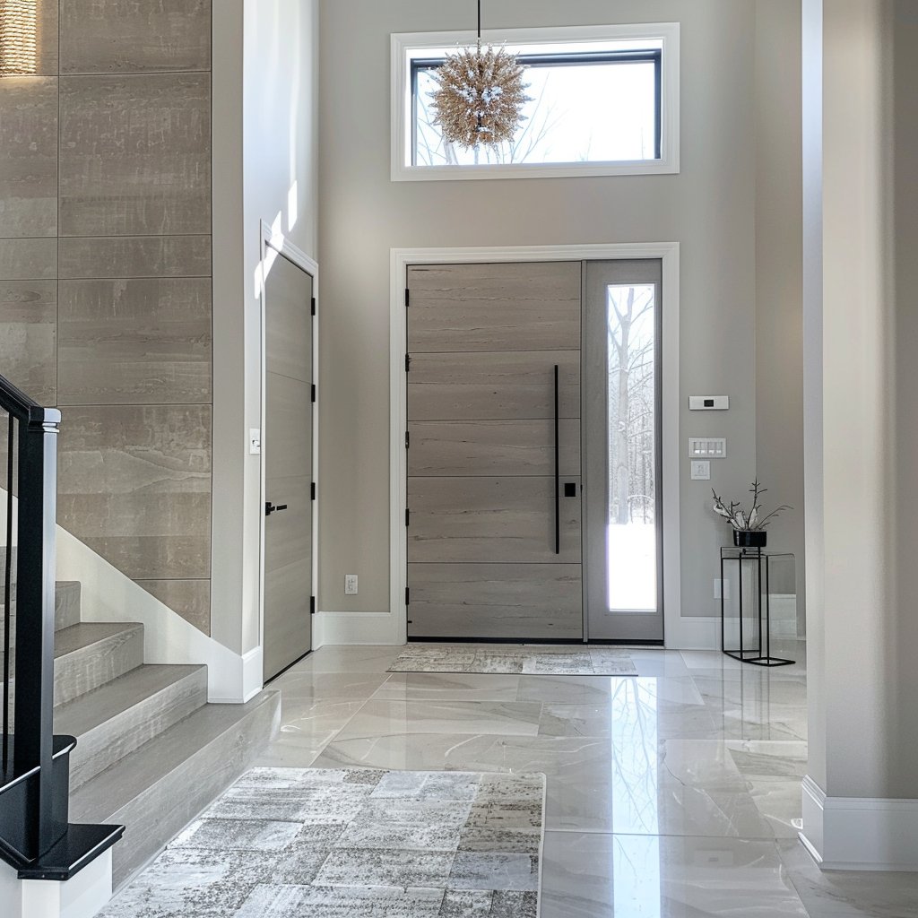 Entry foyer with a modern wood front door, tiled staircase, and glossy stone floor.
