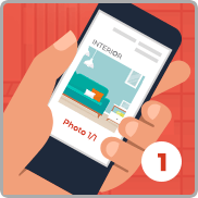 Hand holding a phone displaying an interior photo labeled “Photo 1,” with a number 1 badge.