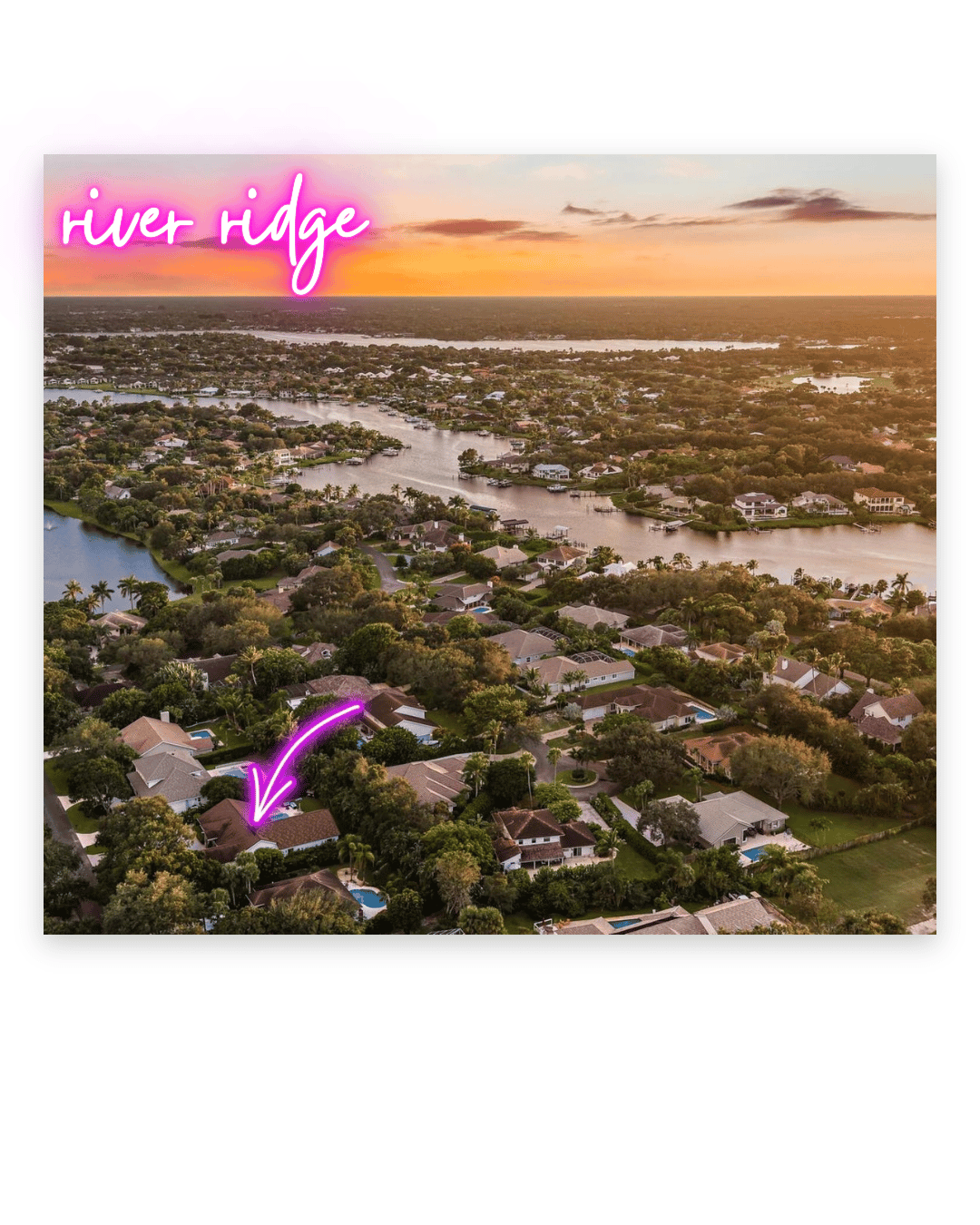 Aerial view of River Ridge near Tequesta, Florida, along the North Fork of the Loxahatchee River, with 18274 SE Ridgeview Drive marked