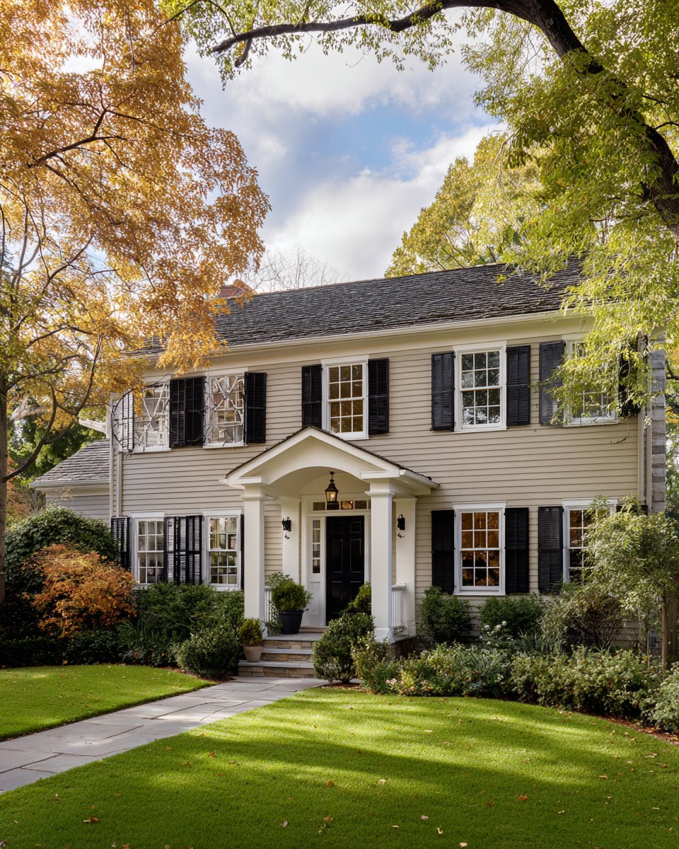 Two-story beige house with black shutters and an arched entry, framed by autumn trees.