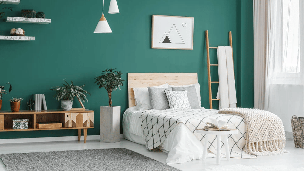 Teal bedroom with a white bed, leafy plants, floating shelves, and sheer-curtained window.
