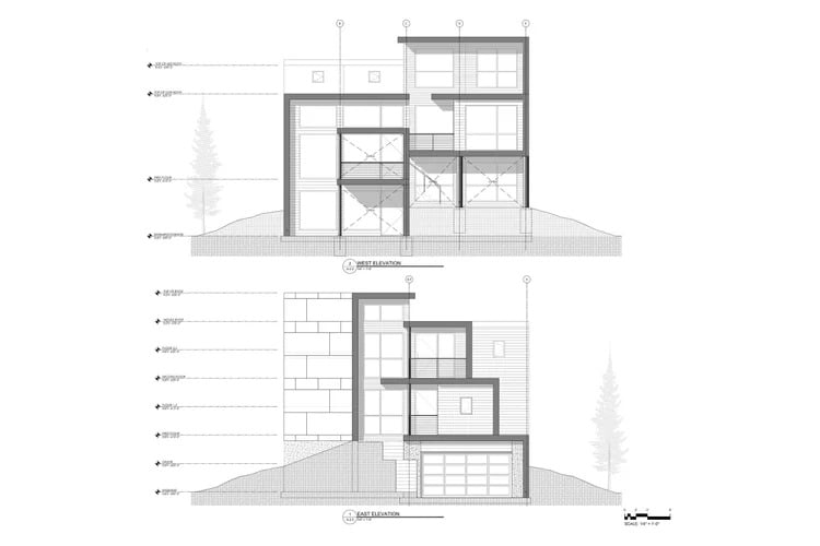 West and east elevation drawings of a modern multi-story home with balconies and a garage.