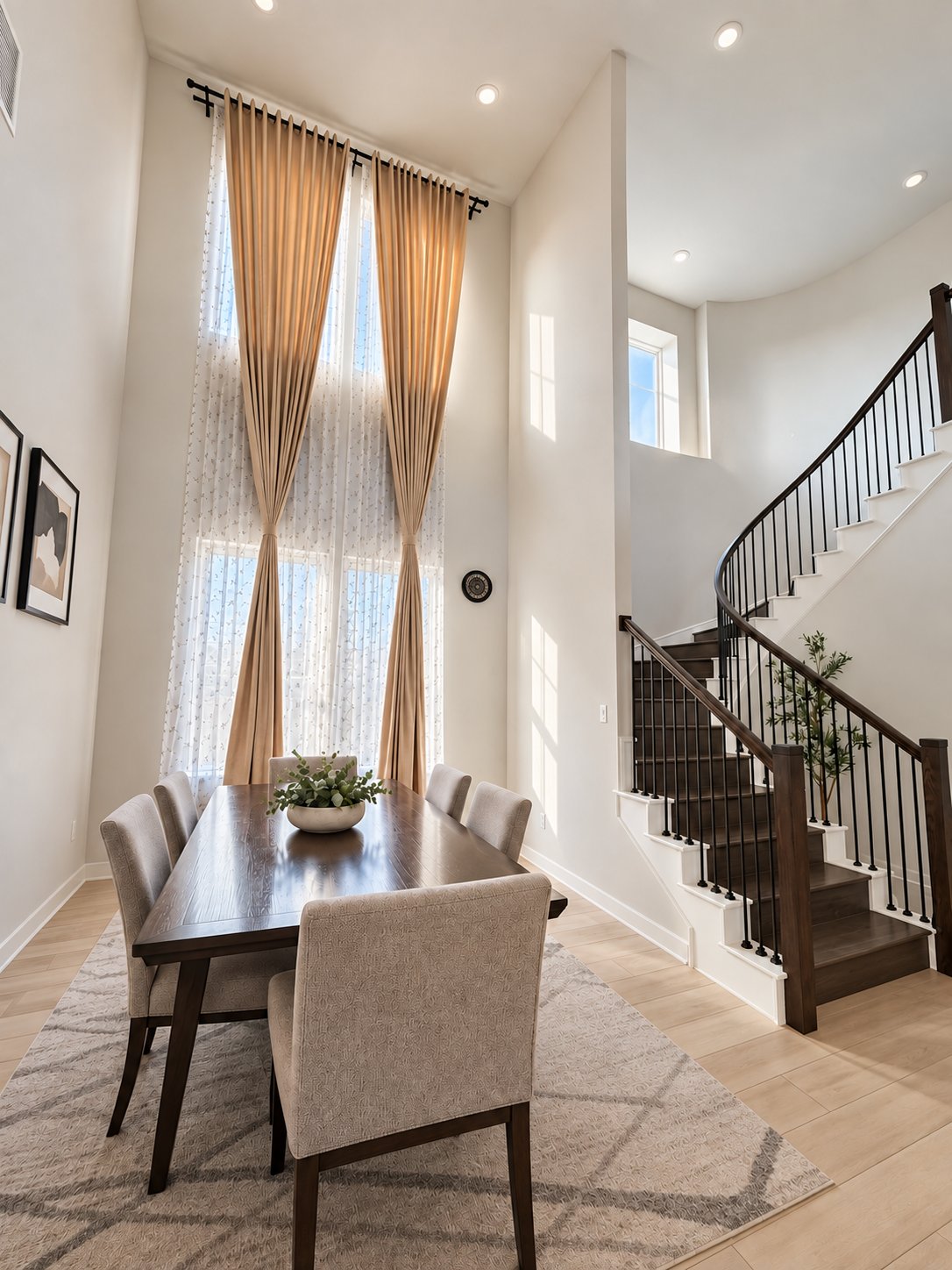 Dining room with a long wood table beneath tall curtained windows beside a curved staircase.