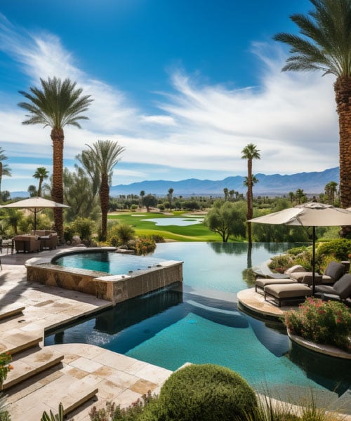 esort-style pool and mature palm trees overlooking the championship golf course in Ventana Canyon, Tucson, Arizona.