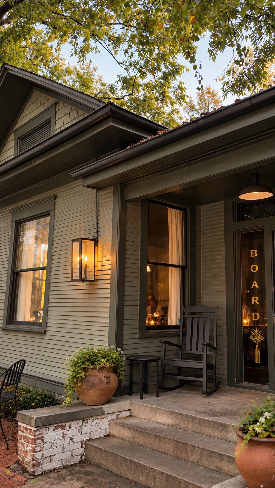 Small storefront with a covered porch and glowing windows beneath autumn leaves.