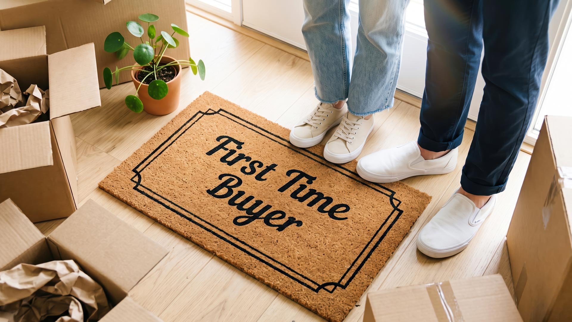 A close-up of a couple stepping onto a doormat printed with 'First Time Buyer' surrounded by packed moving boxes, illustrating how to claim first-time home buyer incentives in Ontario.