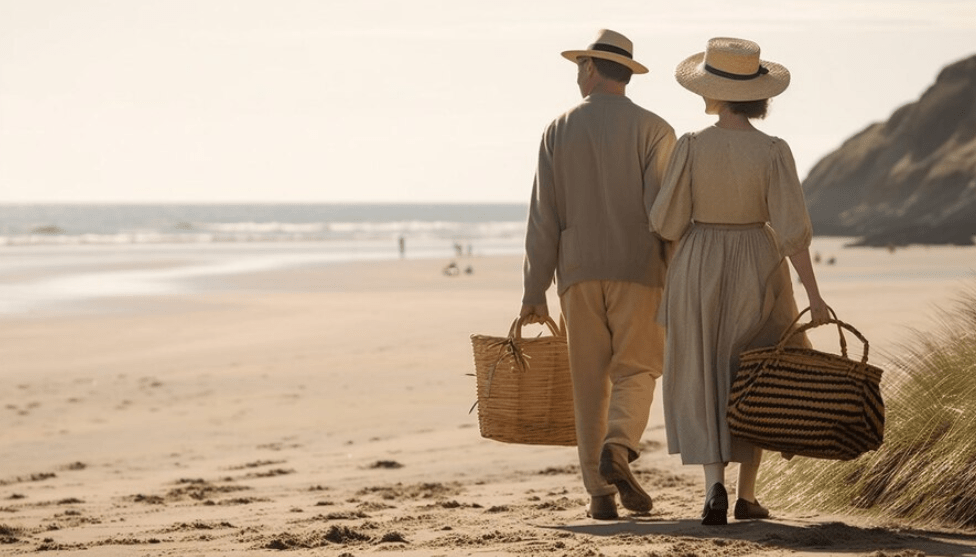 two people walking on the beach with baskets