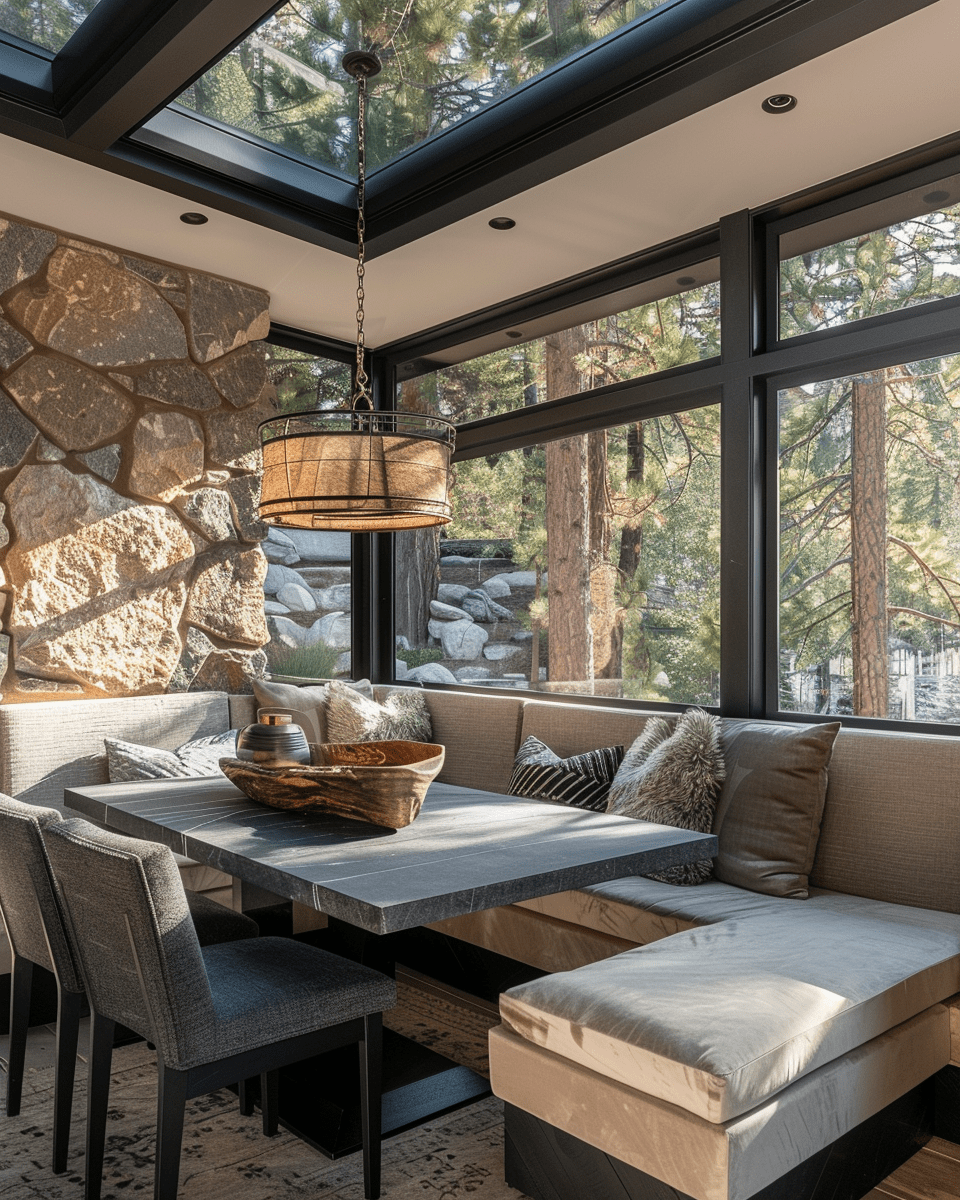 A cozy and rustic breakfast nook with a built-in U-shaped bench seating adorned with neutral-toned cushions and throw pillows.