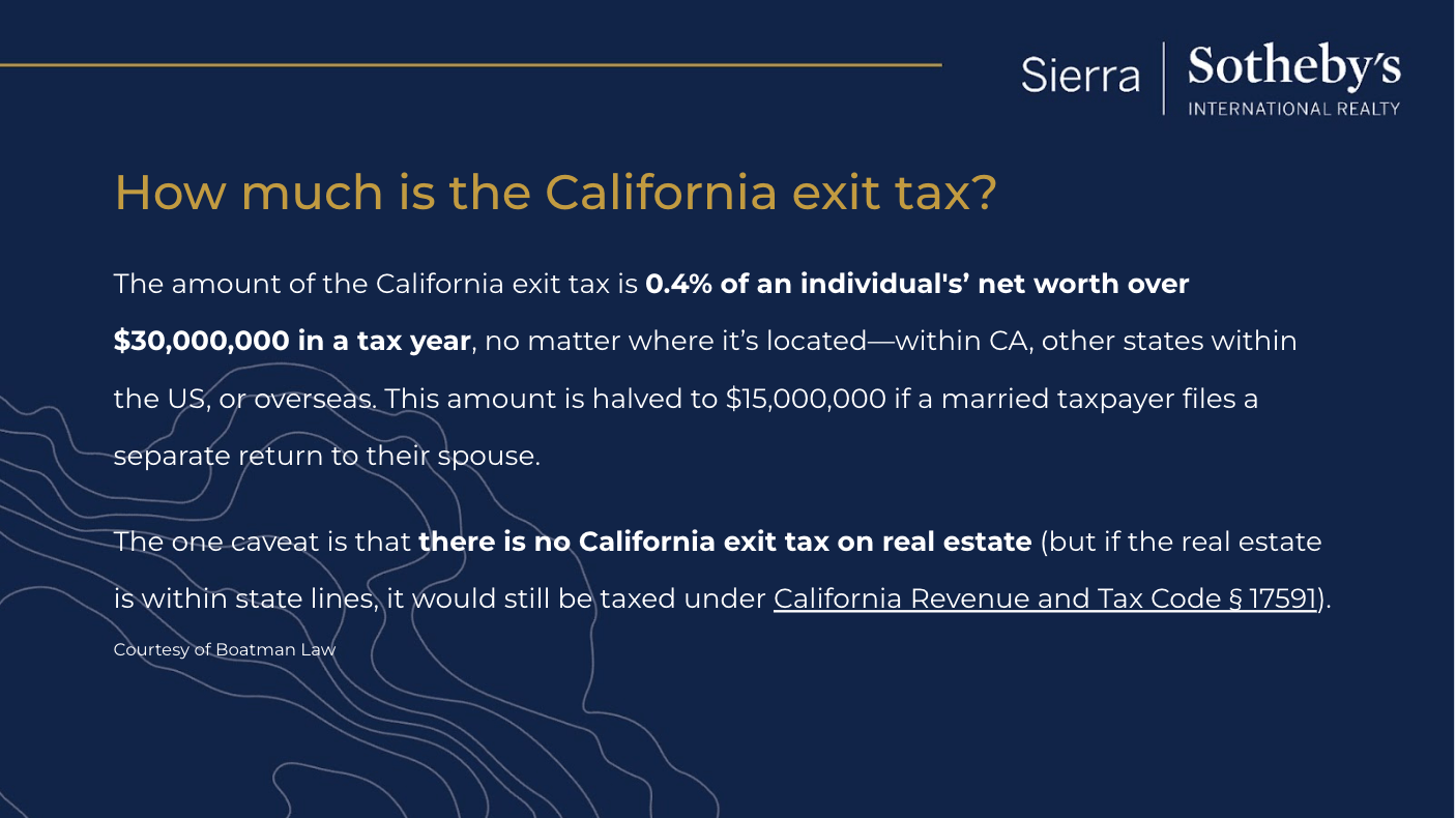 Graphic explaining the California exit tax rate, thresholds, and real estate exception, with Sierra Sotheby's International Realty branding.