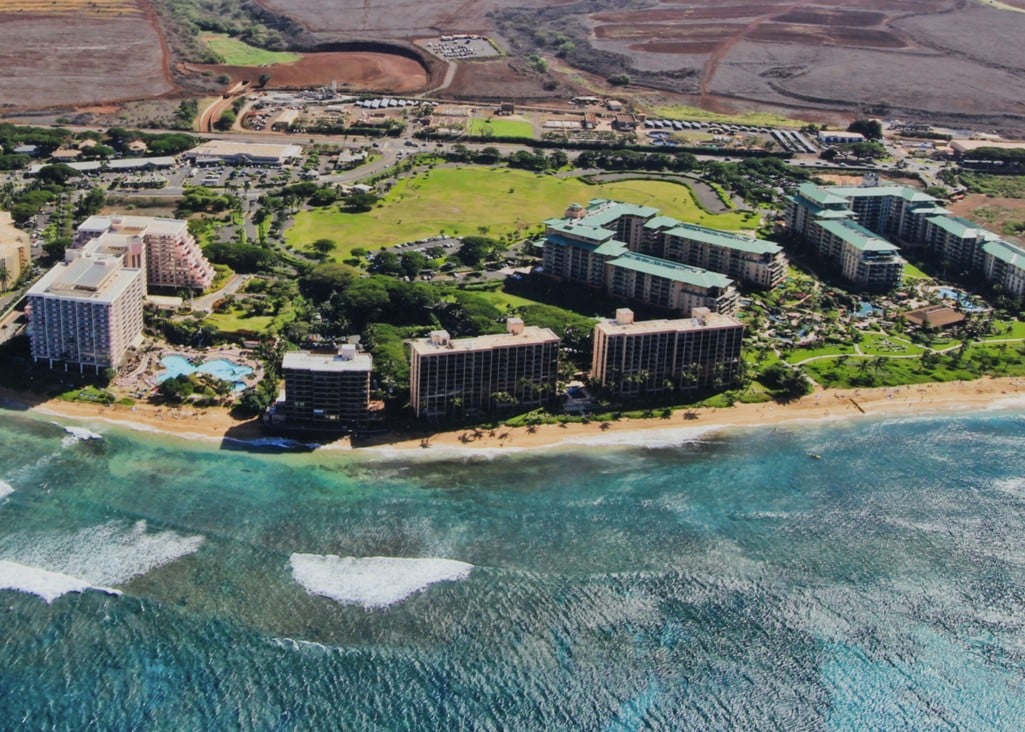 aerial view of mahana in kaanapali with honua kai and ocean in foreground