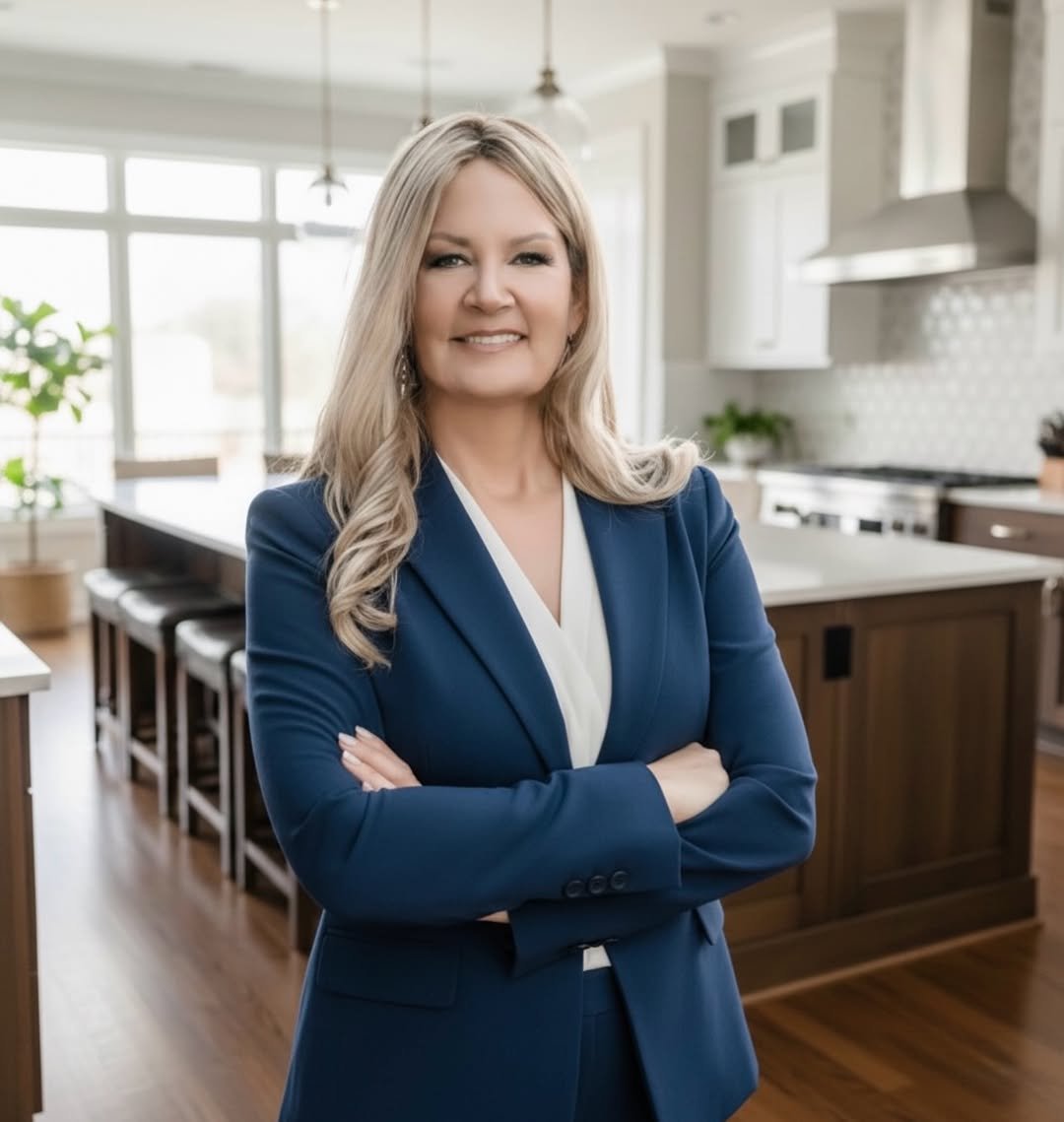 Tammy Petit Loveland, Broker/Owner of Meridian Group Real Estate, standing in front of a luxury Castle Rock, CO estate with Douglas County mountain backdrop.