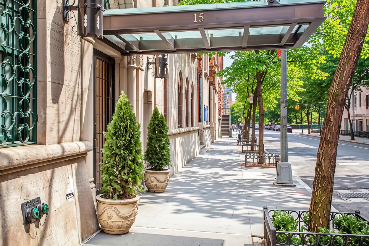 Park Laurel entrance beneath a canopy marked 15, with stone facade and potted evergreens.
