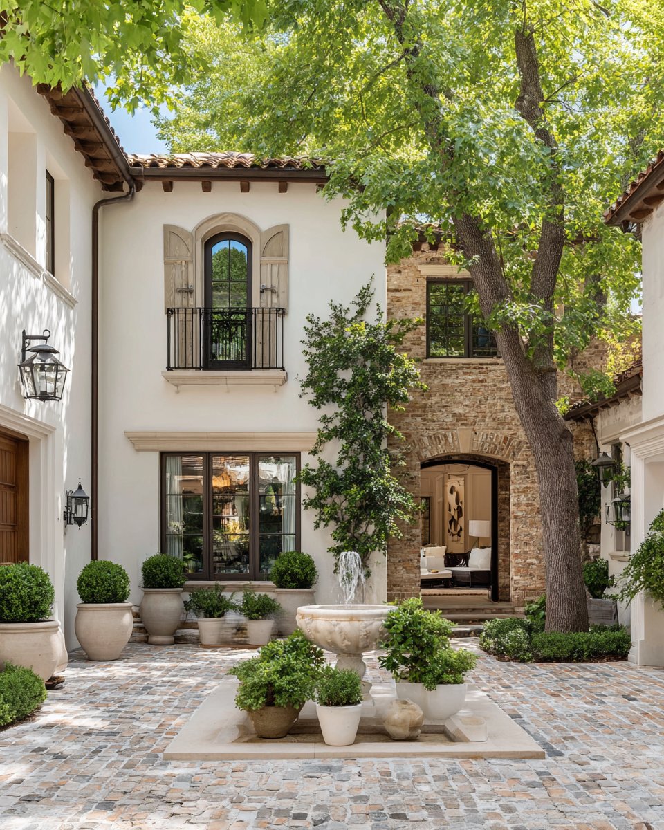 Mediterranean-style home with a cobblestone courtyard, central fountain, and leafy trees.