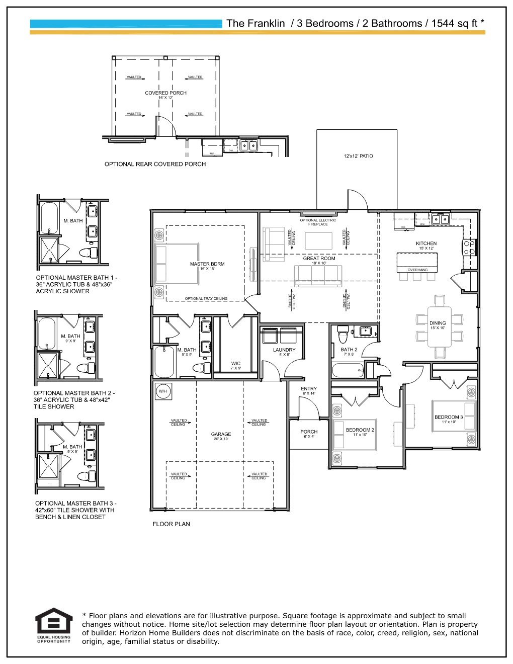 Franklin floor plan showing three bedrooms, two bathrooms, a garage, patio, and optional master bath layouts.